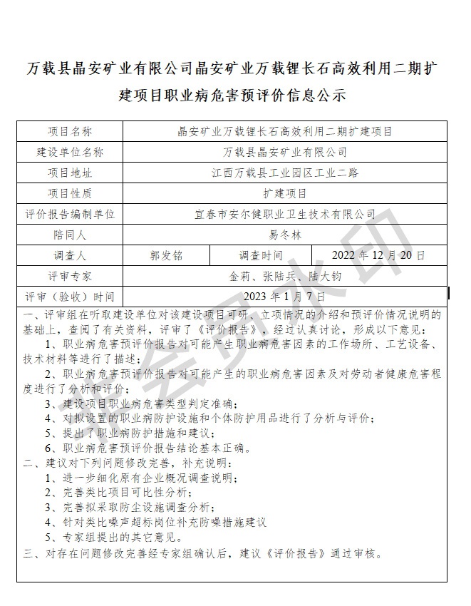 萬載縣晶安礦業(yè)有限公司晶安礦業(yè)萬載鋰長石高效利用二期擴(kuò)建項目職業(yè)病危害預(yù)評價信息公示.jpg