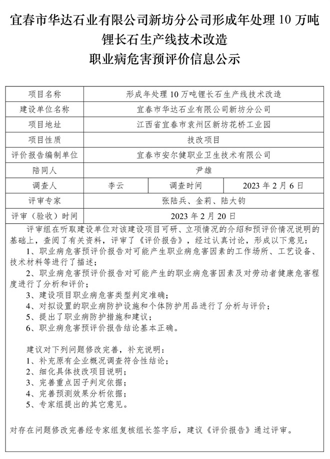 宜春市華達(dá)石業(yè)有限公司新坊分公司形成年處理10萬(wàn)噸鋰長(zhǎng)石生產(chǎn)線技術(shù)改造職業(yè)病危害預(yù)評(píng)價(jià)信息公示.jpg